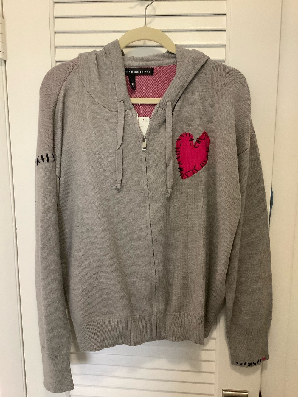 AQUAxKerri Rosenthal Gray Zip Hoodie with Pink Heart Patch